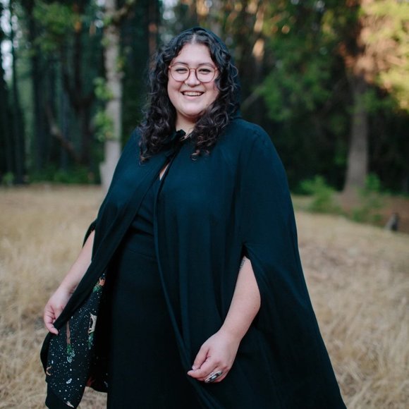 Hooded cape w/ unique "Protection Spell" reversible custom witch print - Picture 13 of 14